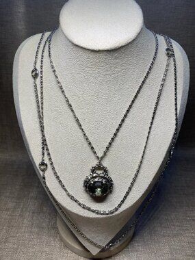 Vintage Goldette NY Green Glass Pendant Necklace Multi Strand 24” Statement